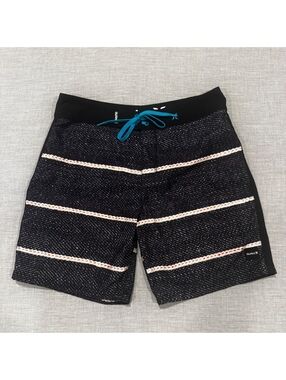 Hurley Men’s Black Board Shorts Swim Trunks White Stripe Drawstring